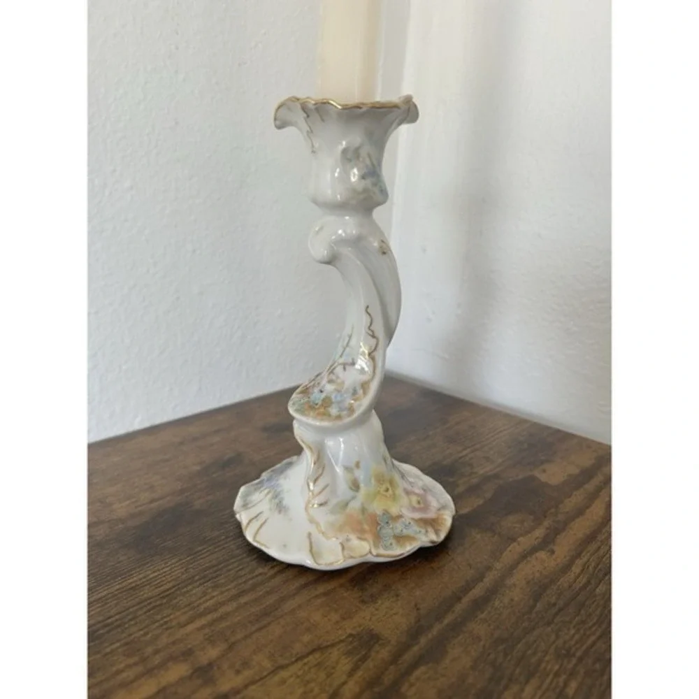 Antique French Porcelain‎ Hand Painted Candlestick Holder Circa 1900 Floral